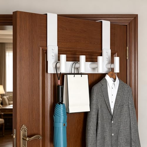 PMMASTO Over The Door Hooks, Fits 1-3/4" Thick Door No Drill Hooks for Closet Bathroom Bedroom Organization, Hanger for Coat Towel Robe (White, 4 T-Hooks) - color: White, size: 7.5 Inch-4 T-Hooks, Fits 1-3/4" Thick Door