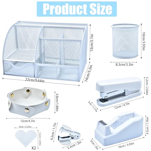 White Desk Accessories, 25Pcs White Office Supplies and Desk Organizers, with Tape Dispenser, Stapler, Staple Remover, Ect, Gift Box Packaging - color: White