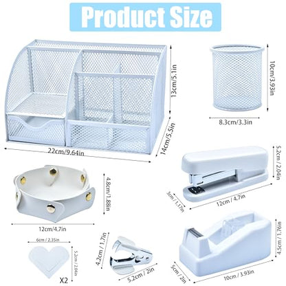 White Desk Accessories, 25Pcs White Office Supplies and Desk Organizers, with Tape Dispenser, Stapler, Staple Remover, Ect, Gift Box Packaging - color: White
