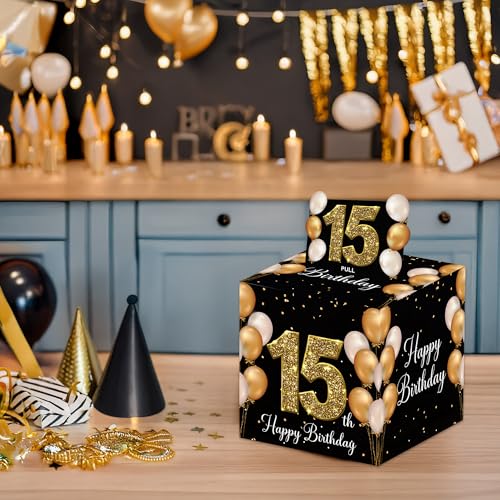 VIVORA 15th Birthday Money Box for Cash Pull, Happy Birthday Black Gold Boxes Gifts for Money Pull Out Card, 50Pcs Transparent Bags - color: Blackgold15th