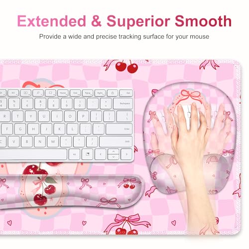 Cute Check Mouse Pad with Wrist Support 4 in1 Set, XXL Big Game Mousepad + Keyboard Wrist Rest + Mouse Wrist Rest Pad +Coaster Gaming Mat for Work Study Home Office I Pink Cherry & Bow Dream - color: Pink Cherry & Bow Dream