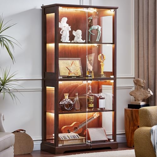 LELELINKY Farmhouse Glass Display Cabinet with Doors, Wooden Curio Cabinet for Collectibles with 3-Color LED Motion-Sensor Light & Reinforced Base, Walnut - color: Walnut, size: Single