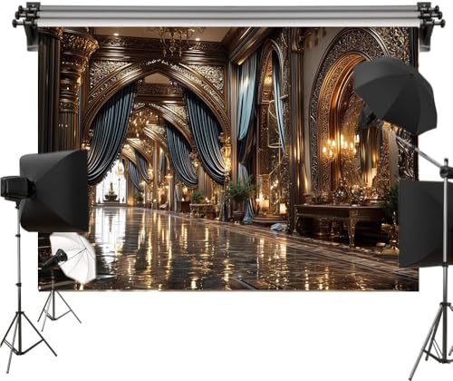 Luxury Royal Palace Hallway Polyester Backdrop for Photography, Golden Arches & Velvet Drapes, Baroque Castle Interior Scene with Marble Floor and Chandeliers 7x5ft