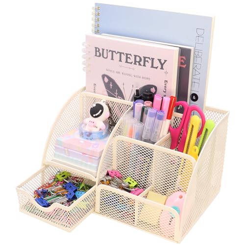Boutilon Mesh Desk Organizer Desktop Office Supplies Stationary Organizer with 6 Compartments and 1 Drawer Multi-Functional Caddy Pen Holder for Home Office School Desk Decor(Beige) - color: Beige