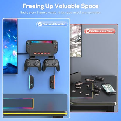 [Switch 2/1/OLED Compatible] Auarte Metal Wall Mount for Nintendo Switch 2 Console 2025, Switch 2 Accessories Organizer Shelf Base Kit Behind TV with Hook for Joypad/P-controller and 5 Card Slots - size: P-controller organizer