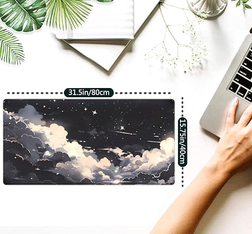 Black Anime Cloud Desk Mat XXL Large Gaming Mouse Pad Computer Laptop Mat, Extended Non-Slip Rubber Base Mousepad Keyboard and Mouse Mat, Night Sky Desk Pad with Stitched Edges, 31.5x15.75 in - color: Black Anime Cloud