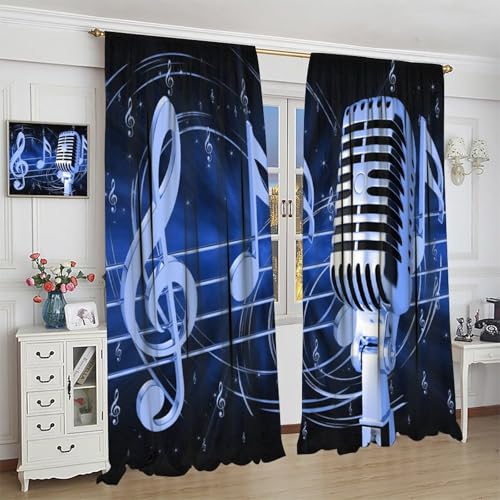 Music Curtain, Blue Microphone Musical Notes Print Window Treatments Drapes for Bedroom Living Room Bathroom 42" W X 45" L(No Blackout) - color: Musical-2, size: 20.5"W x 45"L (Pack of 2)