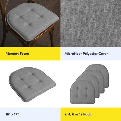 Sweet Home Collection Chair Cushion Memory Foam Pads Tufted Slip Non Skid Rubber Back U-Shaped 17" x 16" Seat Cover, 2 Count (Pack of 2), Grey - color: Gray, size: 4 Pack, style: Foam Pads