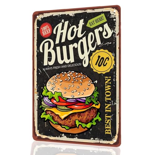 Hot Burgers Sign, 8"x12" Vintage Diner Decor, Home Kitchen Wall Art Decor Sign - color: Hot Burgers