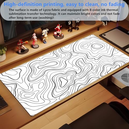 Topographic Desk Mat XL, White and Black Gaming Mouse Pad, Stitched Edges | Minimalist XL desk pad with an abstract black and white topographic print and premium anti-slip rubber backing. - color: White Topographic