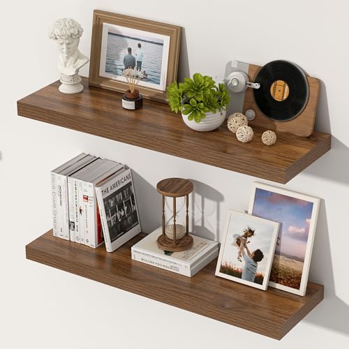24 Inch Floating Shelves, 12 Inch Deep Floating Shelves for Wall, Extra Deeper & Thicker Wooden Wall Shelf with Invisible Brackets, Shelf for Bedroom Living Room Home Decor（Walnut, Set of 2） - color: Walnut, size: 24"W x 12"D x 2"H, Set of 2