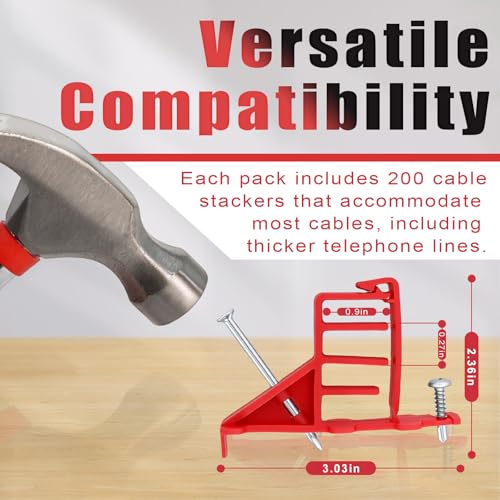 200 Pcs Multi-Cable Staple, Cable Stackers Electrical Wire Stackers, Secures Cable Staples Clips with Steel Nails Suitable Most Cables (Red) - color: Red, size: With Locking Clip
