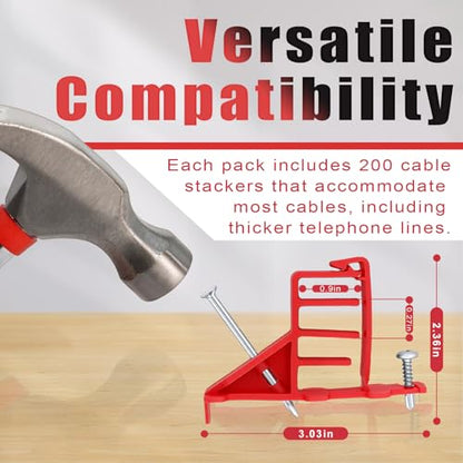 200 Pcs Multi-Cable Staple, Cable Stackers Electrical Wire Stackers, Secures Cable Staples Clips with Steel Nails Suitable Most Cables (Red) - color: Red, size: With Locking Clip