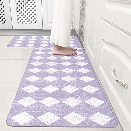 Moroccan Trellis Purple Checkered Kitchen Rug Sets [2 PCs], Anti-Fatigue, Waterproof Non-Slip Kitchen Mats Heavy Duty Ergonomic Comfort Foam Rug for Floor, Home, Laundry,17"x29"+17"x47" - color: Trellis-purple, size: 17.3"x29"+17.3"x47"-0.4"H