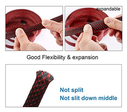 25ft - 1.25 inch PET Expandable Braided Sleeving – BlackRed – Alex Tech Braided Cable Sleeve - color: Blackred, size: 1.25"-25ft