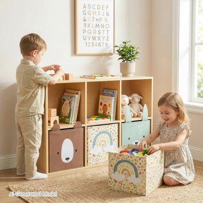 OOOK 4 Pack Foldable Fabric Storage Bins, 11.4" x 10.6" x 11.8" Cute Storage Box, Closet Organizers for Bedroom, Nursery, Shelves & Cube Storage Shelving Units (Bear, Rabbit, Rainbow Pattern)