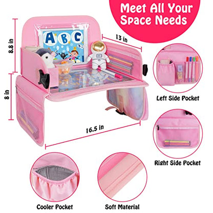 MENZOKE Kids Travel Tray, Car Seat Table Tray, Road Trip Essentials with Educational Drawing Board, Tablet Holder & Cooler Cup Holder, Travel Table for Kids Gifts in Car, Airplane, Multicoloured - color: Magic Pink