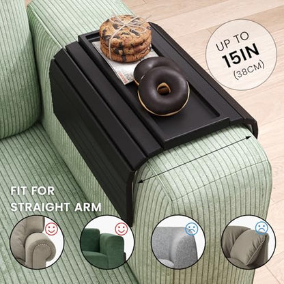2 Pack Sofa Arm Tray, Bamboo Folding Couch Armrest Tray with Anti-Slip Pad for Drinks, Snacks, Phone, Remote Control (Black) - color: Black