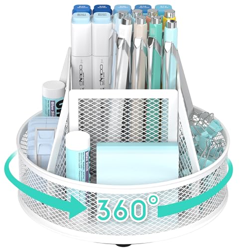 YINGHUA Metal Mesh Desk Organizer with 5 Compartments and Rotating Pencil Holder Pen and Stationery Organizer for Office Home School Anti Slip Base White - color: White