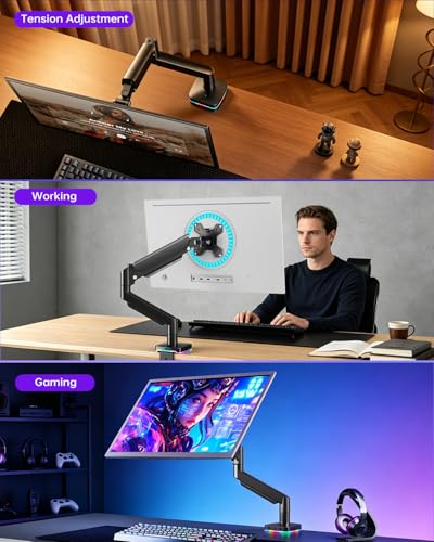 Afaloona Single Monitor Arm with RGB Lighting & 3 USB Ports, Gas Spring Monitor Mount for 13-32 Inch Screens up to 19.8lbs, Desk Mount with Charging & Data Transfer, Full Motion Adjustable - size: RGB Gas Spring Monitor Stand