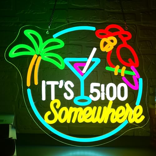 Its 5 Oclock Somewhere Neon Sign for Wall Decor Dimmable Parrot LED Light Home Beer Bar Decor Palm Tree Sun Beach Neon Signs for Man Cave Garage Party Hotel Gifts for Men Size 13.1 * 13in(GLNP168) - color: Parrot