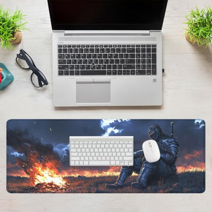 Medieval Knight Gaming Mouse Pad Dark Fantasy Magic Campfire Large Desk Mat Extended Large Laptop Keyboard Non-Slip Rubber Base with Stitched Edges for Home 31.5 x 11.8 Desk Home Office Gaming - color: Medieval Knight, size: 31.5" x 11.8"