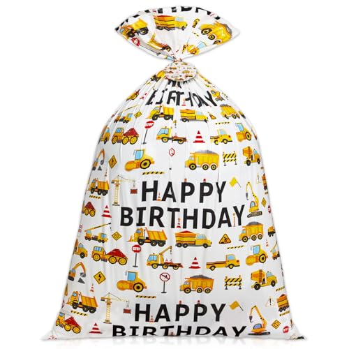gisgfim Extra Large Construction Birthday Gift Bag Printed Children's Engineering Vehicles Excavator Goodie Bag 37x56 Inch Jumbo Gift Bags for Boys Kids Birthday Party Baby Shower Decoration Supplies - style: Construction