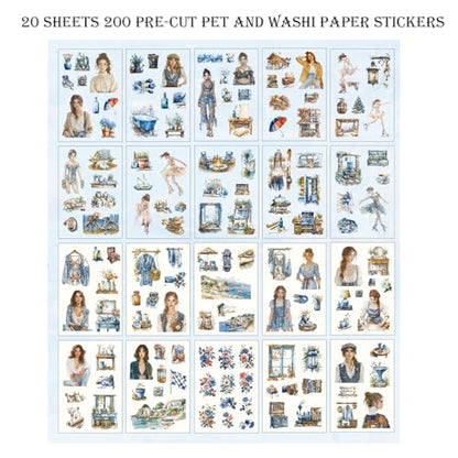 Scrapbooking Stickers 20 Sheets Pre-Cut 200 washi Stickers PET People Sticker Books for journaling Scrapbook Supplies Transparent Journal Sticker - color: Blu