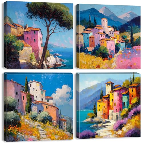 Abstract Mediterranean Wall Art Italian Coastal Canvas Prints for Dining Room Nature Country Wildflower Landscape Pictures Matisse European Scenery Artwork for Living Room Home Decorations 12x12" 4Pcs - color: Mediterranean, size: 12 x 12 in