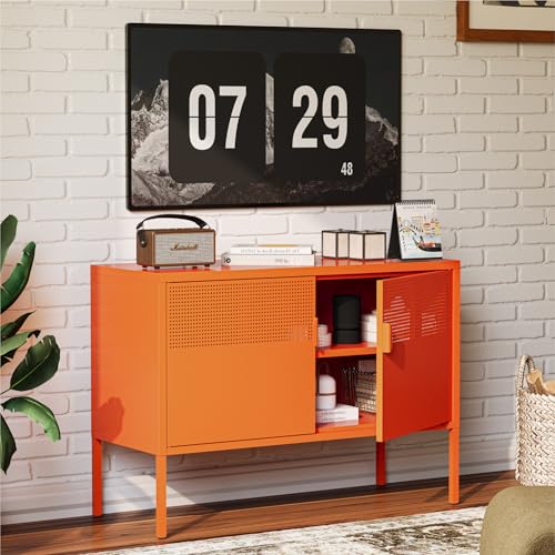 COFaR TV Stand for TVs up to 75 Inch, 40''L Media Console with Ventilation Doors, Metal Entertainment Center with Adjustable Shelves & 120Lbs Storage for Living Room & Bedroom, Orange - color: Orange, size: 40"L with Mesh