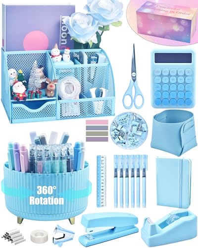 LXEVIHK 20Pcs Blue Desk Organizers and Accessories With Mesh Desk Organizer and 360°Rotating Pen Holder and a Lot of Office Blue Office Supplies Beautifully Presented in a Gift Box - color: blue