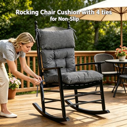 QILLOWAY Outdoor Rocking Chair Cushions Set of 2, 100% Polyester Waterproof Patio Rocking Chair Cushion, High Back Weatherproof Chair Pad for Adirondack & Outdoor Furniture, Charcoal Grey, Black - color: Charcoal Grey/Black