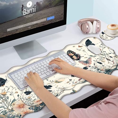 Bxgolkgd Desk Mat Set,Mouse Pad with Keyboard Wrist Rest & Mouse Wrist Rest,Wave-Shaped Design,Non-Slip Rubber Base,Ergonomic Desk Mat for Home,Office,Gaming,Flower Butterfly - color: Flower Butterfly