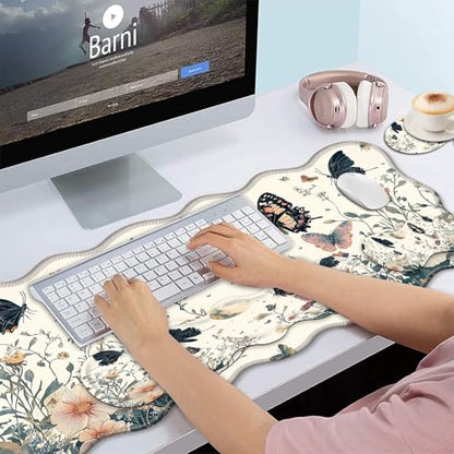 Bxgolkgd Desk Mat Set,Mouse Pad with Keyboard Wrist Rest & Mouse Wrist Rest,Wave-Shaped Design,Non-Slip Rubber Base,Ergonomic Desk Mat for Home,Office,Gaming,Flower Butterfly - color: Flower Butterfly