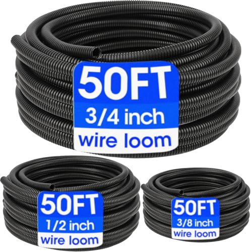 Wire Loom 3/8", 1/2", 3/4 Inch x 50 FT, Split Wire Loom Tubing Wire Conduit, Wire Protector Tubing, Cable Sleeves Bulk, Black - color: 3/8", 1/2", 3/4" - 50 ft