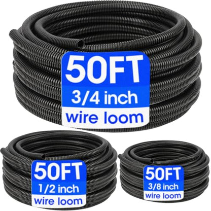 Wire Loom 3/8", 1/2", 3/4 Inch x 50 FT, Split Wire Loom Tubing Wire Conduit, Wire Protector Tubing, Cable Sleeves Bulk, Black - color: 3/8", 1/2", 3/4" - 50 ft