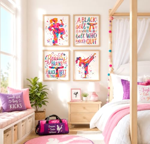 Inspirational Watercolor Karate Girl Athlete with Empowering Motivational Quote Art Print Set for Girl's Bedroom Empowerment, Playroom Energy Boost, Locker Team Spirit, Young Karateka Surprises, Aspiring Black Belt Tokens, Team Captain Honors, Coach Gifts