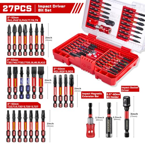 Geinxurn 27Pieces Impact Screwdriver Bits Set, Magnetic S2 Steel Phillips/Slotted/Square/Torx Insert Power Bits Tips, Impact Bit Holder and Impact Socket Adapte with Pink Storage Box Case - style: STKB027-RD