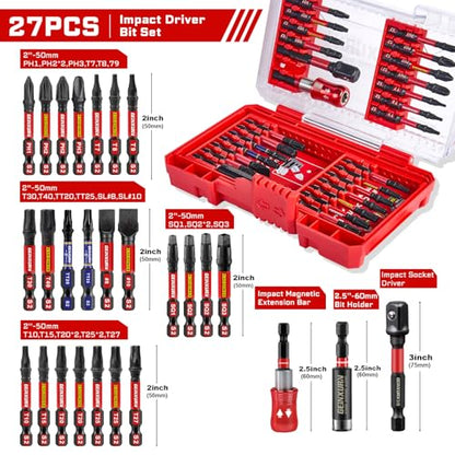 Geinxurn 27Pieces Impact Screwdriver Bits Set, Magnetic S2 Steel Phillips/Slotted/Square/Torx Insert Power Bits Tips, Impact Bit Holder and Impact Socket Adapte with Pink Storage Box Case - style: STKB027-RD