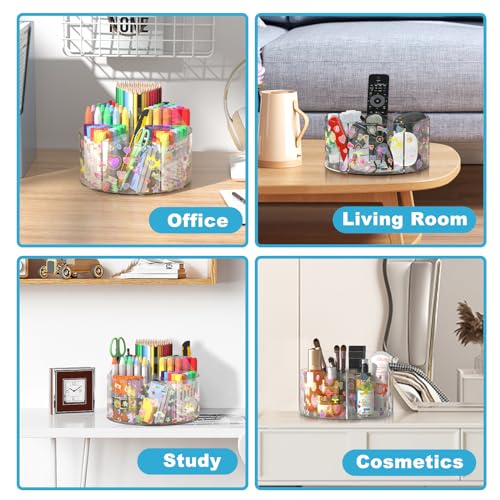 Acrylic Pen Holder with 2 Adhesive DIY Stickers, Desk Organizer Marker Holder with Cute Sticker, 360 Degree Office Supply Organizer Clear Pencil Holder Kid Art Supply Storage Organizer 6 Compartments - size: Large x2 sticker
