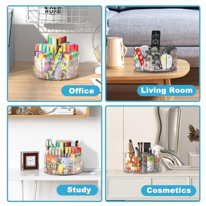 Acrylic Pen Holder with 2 Adhesive DIY Stickers, Desk Organizer Marker Holder with Cute Sticker, 360 Degree Office Supply Organizer Clear Pencil Holder Kid Art Supply Storage Organizer 6 Compartments - size: Large x2 sticker