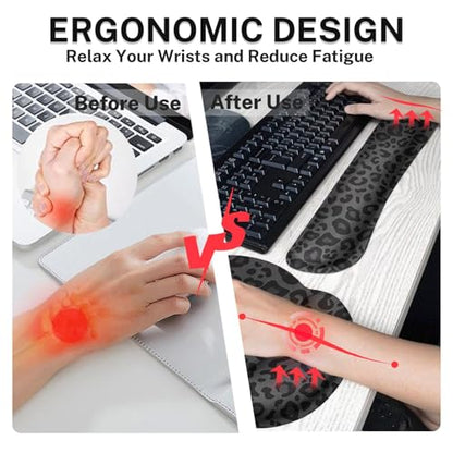Arttown Leopard Desk Mat Black Grey Leopard Mouse Pad Set 4 in 1 Ergonomic Design Large Mouse Pad + Keyboard Wrist Rest + Mouse Wrist Rest + Coaster Suitable for Home Office Study Game - color: Black Grey Leopard