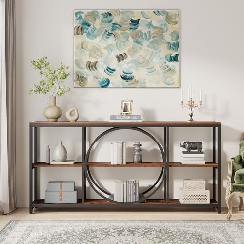 Tribesigns Extra Long Console Table, 70.9 inch Narrow Sofa Tables with 3 Tier Wood Storage Shelves Industrial Metal Frame for Entryway Hallway Living Room Behind Couch, Rustic Brown Black - color: Black Brown