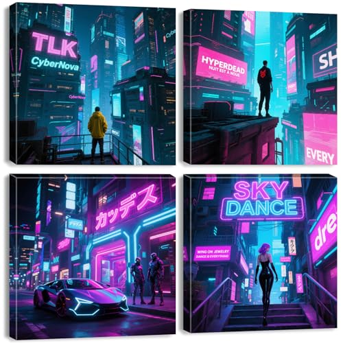 Japanese Anime Poster Cyberpunk Wall Art Tokyo Neon Night City Pictures Cool Boys Gaming Room Decor Abstract Futuristic Poster Modern City Painting Teens Bedroom Artwork Home Decoration 12x12" 4Pcs - color: Cyberpunk, size: 12 x 12 in