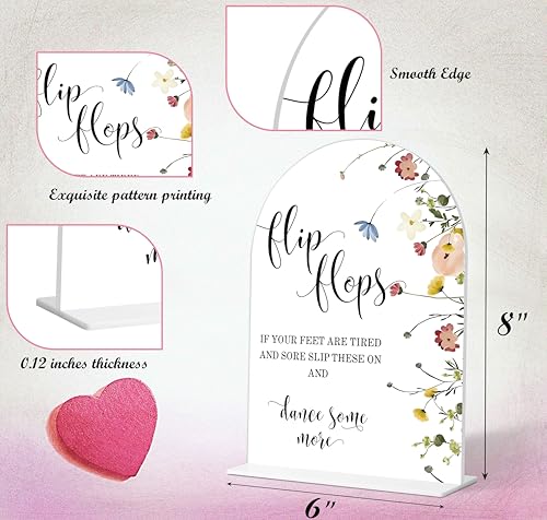 Wedding Flip Flops Sign, Flower Style Wedding Signs for Reception for Bridal Shower and Reception, Bridal Shower Decorations, Wedding Shower Favors, 6X8 Inch Acrylic Arch Sign with Stand,36 - color: Wedding Flip,36