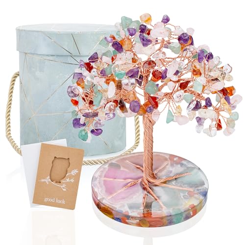 ZenBless 7 Chakra Healing Crystals Stones Tree, Colorful Crystal Stone Leaf Wire Wrapped on Natural Agate Slice Base, Home Office Desk Living Room Feng Shui Decoration for Wealth and Luck - color: Colorful