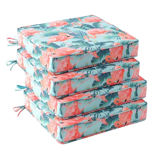 UNIKOME Outdoor Chair Cushions Set of 4, Water Resistant Patio Seat Cushions with Ties for Outdoor Furniture, High-Density Foam, UV & Fade Resistant, Piped Edge – 18.5" x 16" x 3", Flamingos - color: 09 Flamingos, size: 18.5" W X 16" D X 3" H