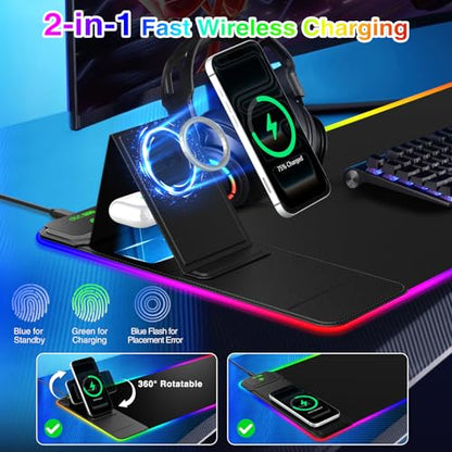 XXL RGB LED Gaming Mouse Pad with Magnetic Wireless Charger & Foldable Phone Holder, 31.5"x11.8" Extended Ultra-Smooth Desk Mat, 25 Lighting Effects, Non-Slip Base - color: RGB-31.5"x11.8"-Magnetic Stand-Left