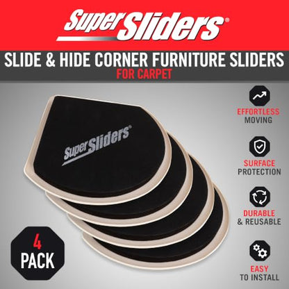 Super Sliders 5" Slide & Hide Corner Reusable Furniture Sliders for Carpet, Anti-Slip Protective Furniture Moving Pads for Beds, Sofas, Dressers, Set of 4, Beige - size: 5 Inch, style: For Carpet