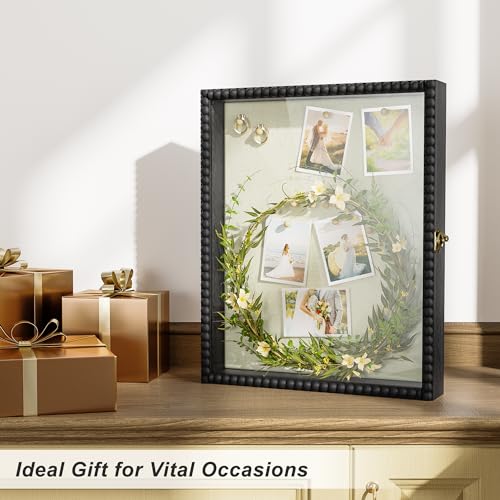 Love-KANKEI Shadow Box Frame 13x16, Deep Large Shadow Box Display Case with Unique Beads Door and Glass Window, Wood Memory Box for Pictures,Medals,Memorabilia,Collections Black - color: Black, size: 13x16